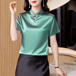 2024 Summer Corset Top Blouses Satin Chinese Style Button Up Short Sleeved Blouse Fashion Women Clothing OL Vintage Ladies Tops