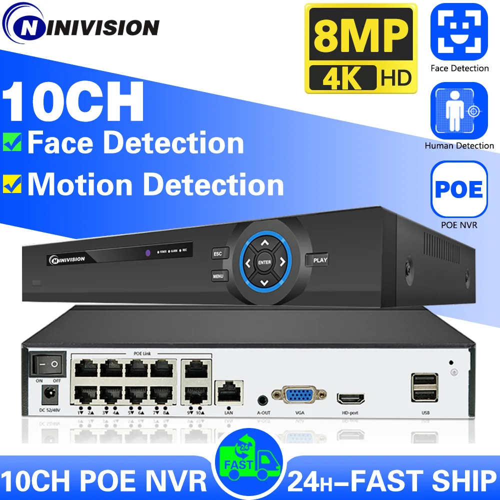 

XMeye 10CH 8ch 4K 8MP POE NVR Face Recognition H.265+ Network Video Recorder 8T HDD 24/7 Recording IP Camera NETIP P2P System