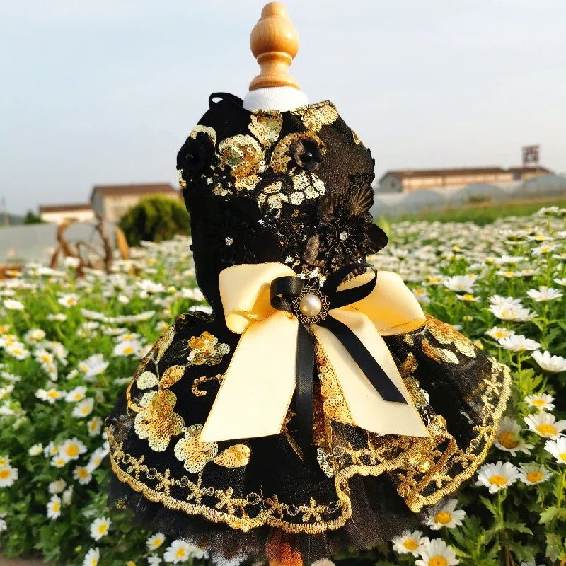 Retro Palace Style Black Golden Pet Dog Clothes Luxury Sequin Flower Lace Princess Dress For Small Medium Dog 2025 Puppy Outfits