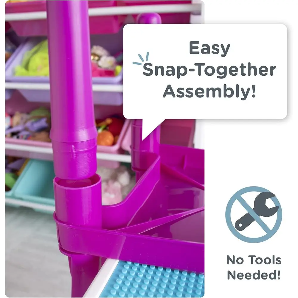 طقم طاولة فنية وحرف للأطفال الصغار باللون الوردي والأرجواني والأبيض - طاولة لعب 2 في 1 مع كراسي لبنات البناء والمزيد