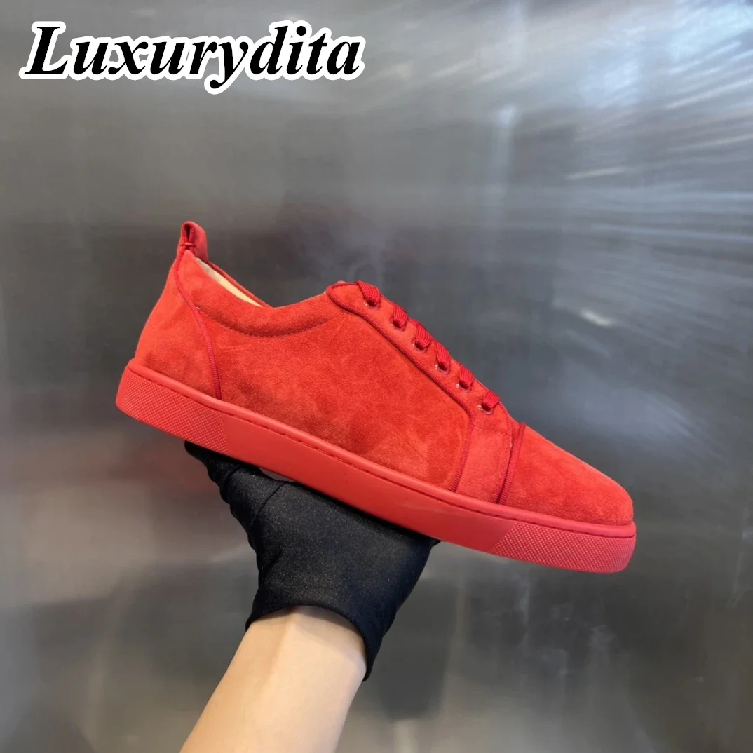 

Top Quality Womens Trendy Casual Sneakers Luxury Mens Real Leather Tennis Shoes Designr Red Sole Tide Lovers Rivet Shoes HJ0579