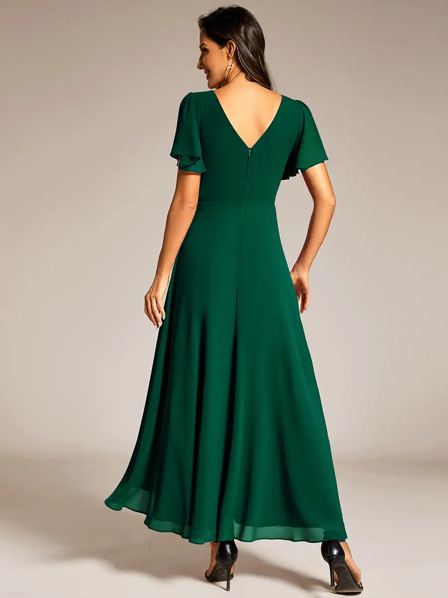 Sempre bonita-vestido de noite chiffon, vestido de noite elegante, dupla v-colar, cintura, babados mangas, verde escuro, 2024