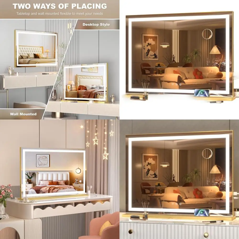 مرآة مكياج مضاءة LED مقاس 32 × 22 مع 3 أوضاع قابلة للتعتيم وتحكم بشاشة تعمل باللمس، مرآة زينة ذهبية مربعة #1