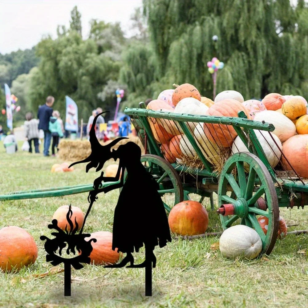CIFBUY Iron Art Garden Stake Witch Pumpkin Metal Yard Decor Halloween Outdoor Lawn Ornament Autumn Landscape Decoration Gift