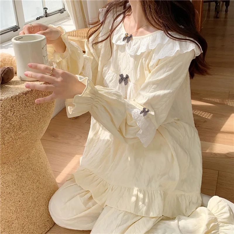 Sweet Princess Style Lace Design Pajamas Women's Spring 2024 New Cute Girl Can be Worn Outside Loungewear Set