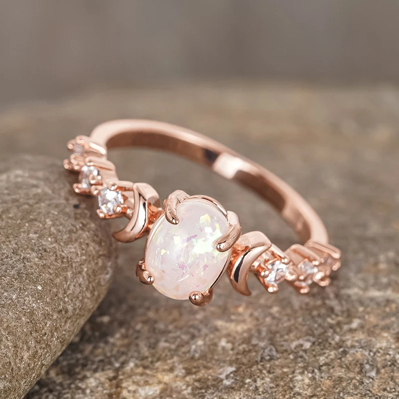 Huitan Oval Imitation Opal Ringe für Frauen Romantische Mond Design Hochzeit Band Zubehör Weiß/Blau Weibliche Ringe Mode Schmuck