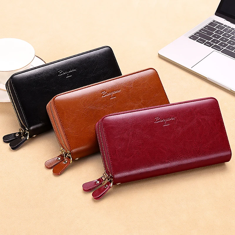 Genuine Leather Women Wallet 2024 Luxury Long Wallets for Women Large Capacity Clutch Bag Card Holder Purse Double Zipper Wallet