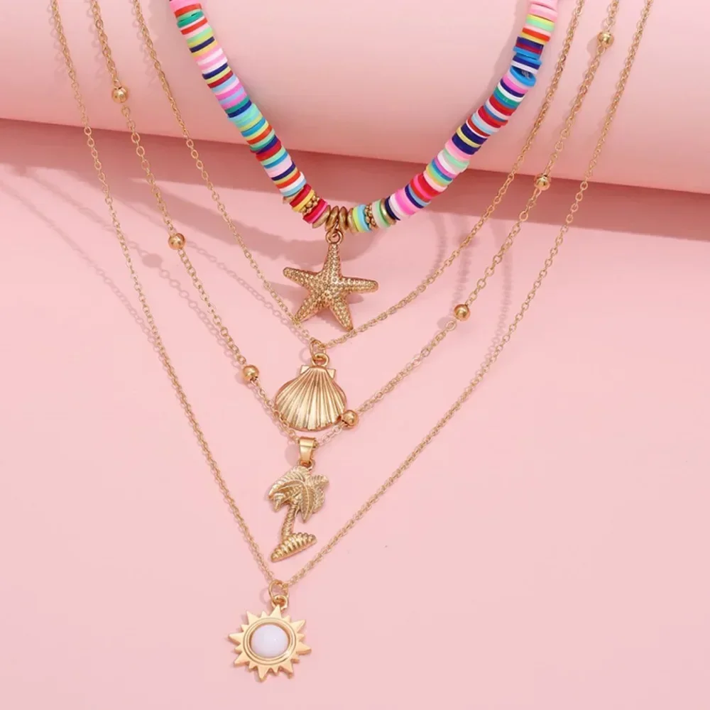 Bohemia Ocean Starfish Shells Pendant Mulitlayer Choker Necklace for Women Sweet Imitation Pearl Necklace Holiday Party Jewelry