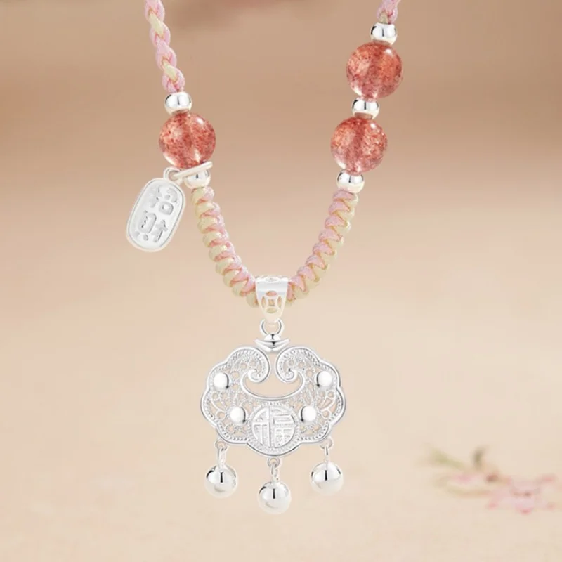 

Silver Peace Bag Pendant Women Long Life Lock Hanging Rope Handmade Woven Necklace