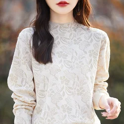 Chinese Style Spring New Wool Lace Mock Neck Sweater Women Fashion Floral Autumn Loose Long Sleeve Top Knitted Female Pullover