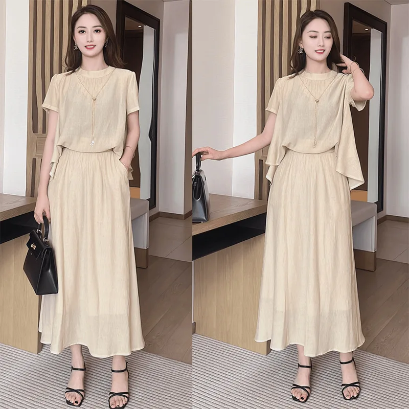 Fashion Dress for Women2024Summer New Trendy Sense of Design Slimming Belly-Covering Short Sleeve Skirt Two-Piece Set