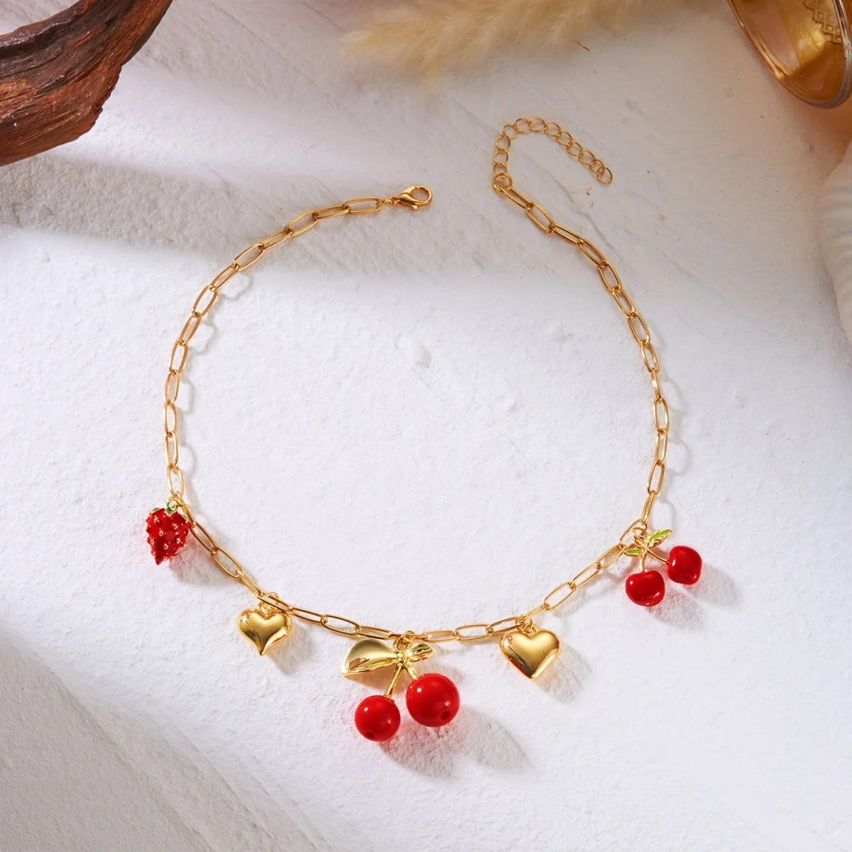 Rote Kirsche Erdbeer-Simulationsperlen-Halskette für Damen und Herren, mehrschichtig, Keramikblume, Schleife, Herz, Baum, Choker, Hochzeitsschmuck – Detail 28