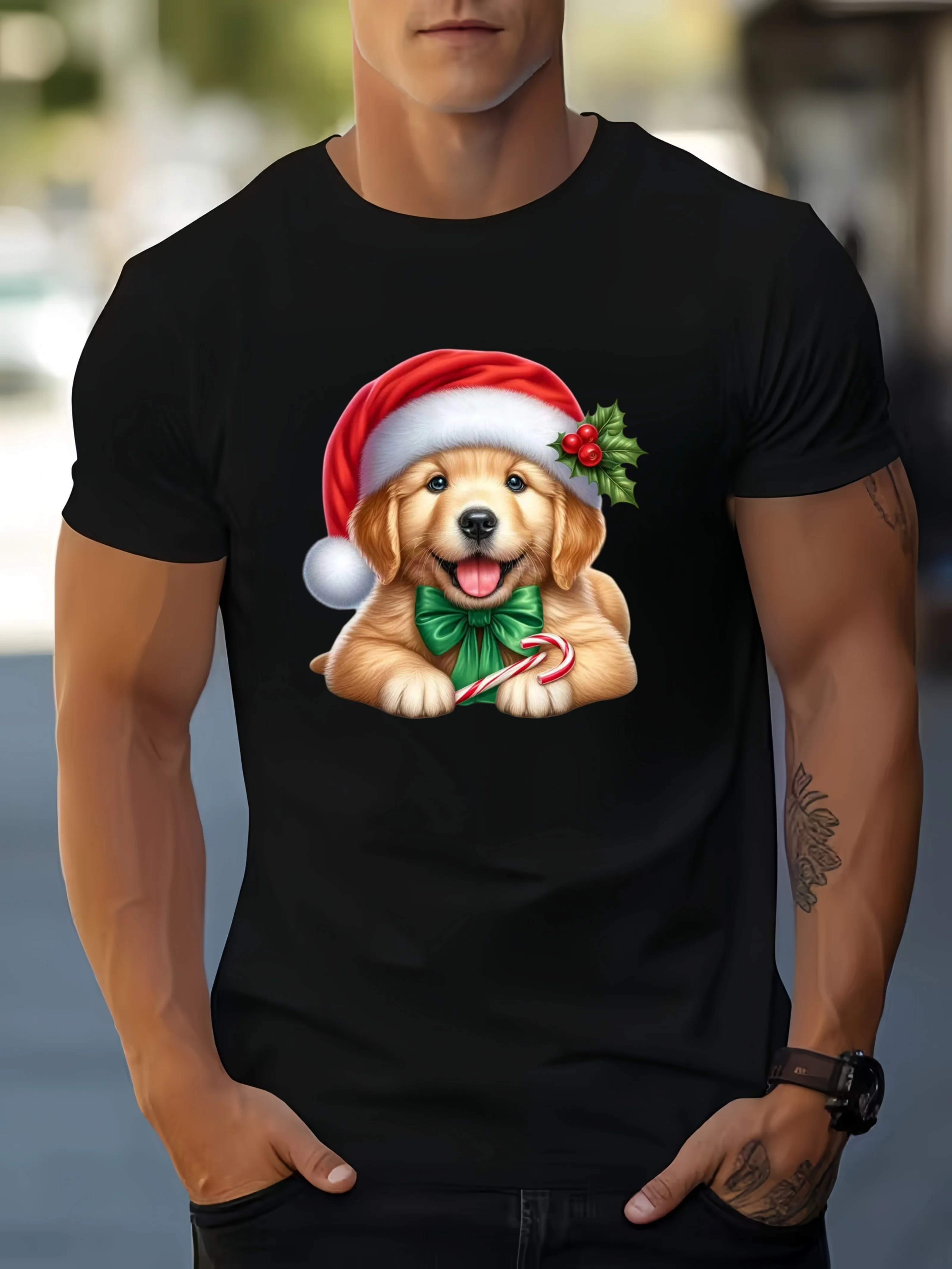 

Christmas Golden Retriever Puppy Graphic Tee Men's Cotton Crew Neck Short Sleeve T-Shirt Casual Sports Travel