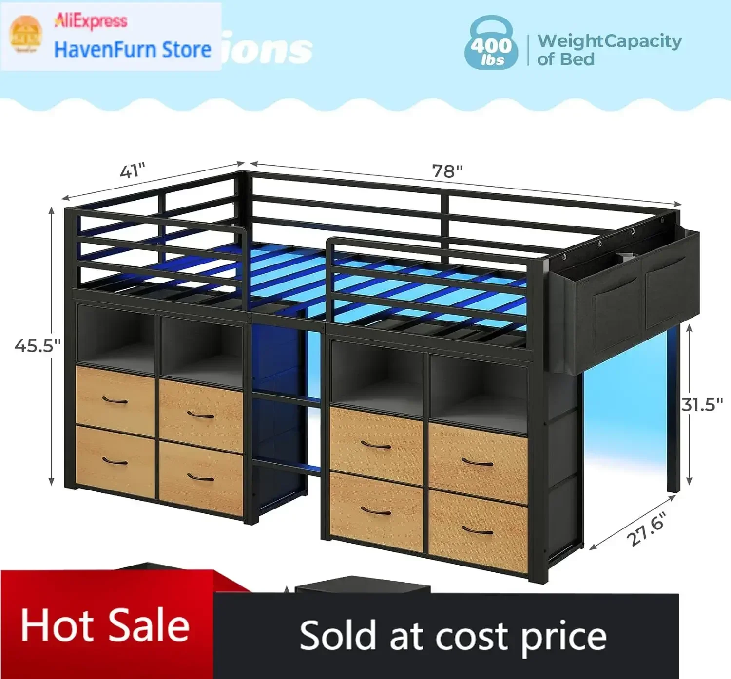 Activity priceTwin Size Low Loft Bed With Bookcase Storage Drawers Lights Guardrail Play Space No Box Spring Needed
