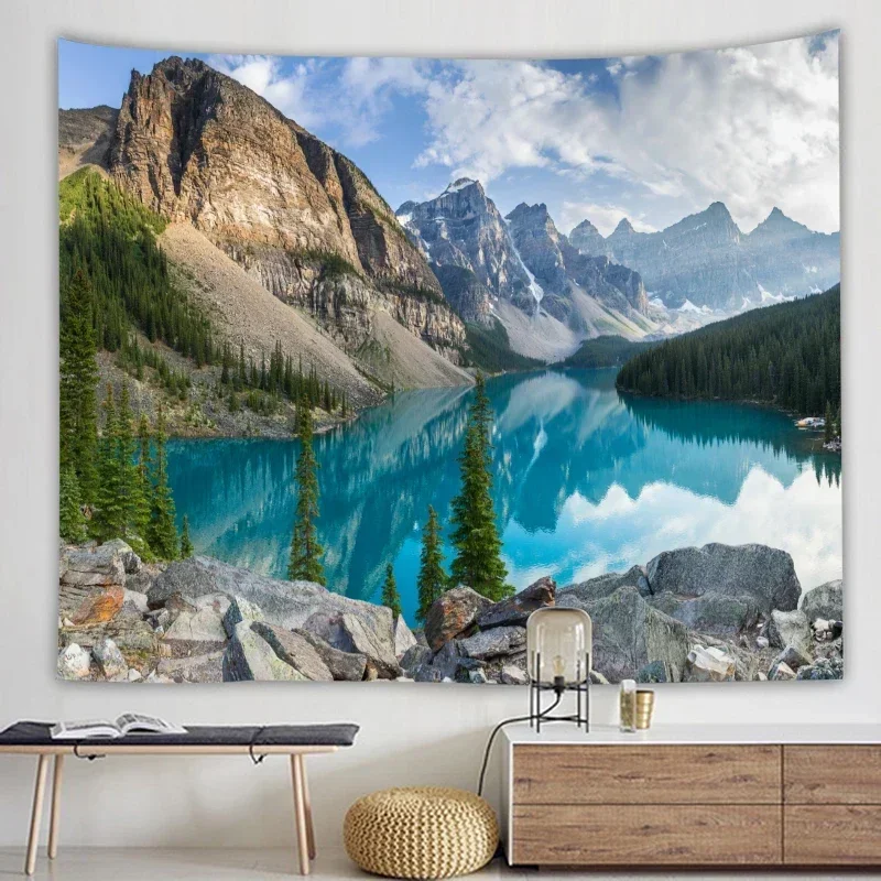 Landscape Forest Waterfall Lotus Cloth Wall Hanging Morning Ocean  Tapestry  Carpet Beach  Home Decorative