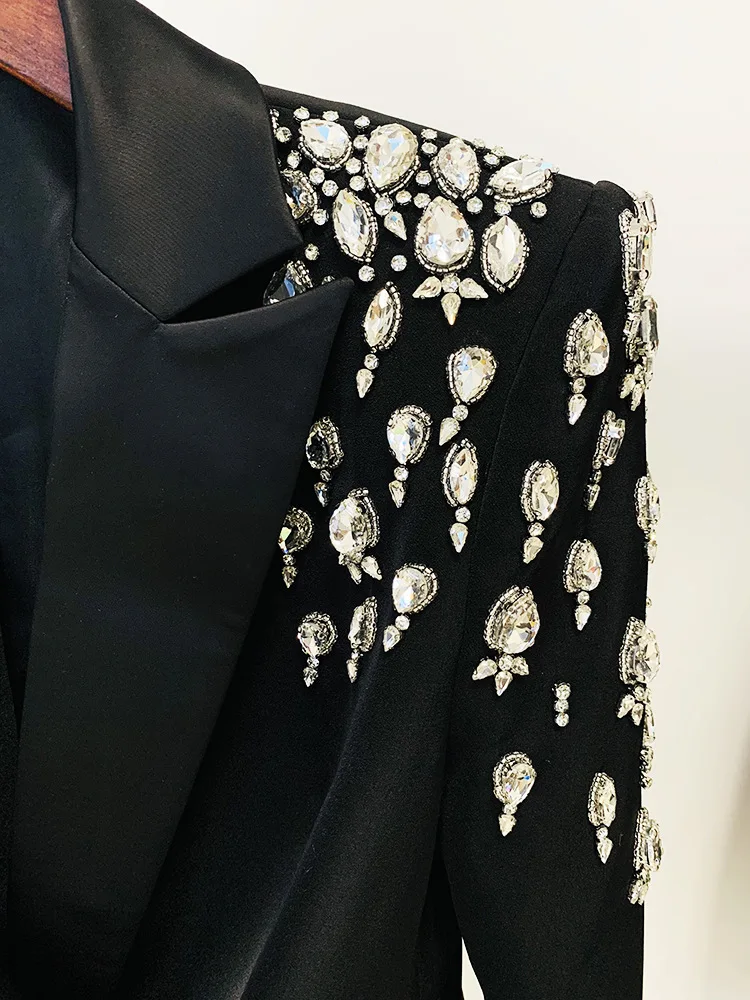 Luxury Fine Workmanship Rhinestone Beading Shoulder Double-breasted Long Sleeve Women Office Blazer Short Mini Notched Dress