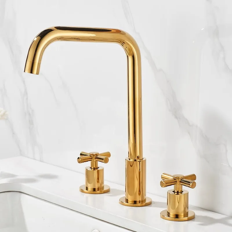 Gold Plated Basin Split Three Hole Faucet with Dual Control for Hot and Cold, Seated Basin Faucet Three Piece Set