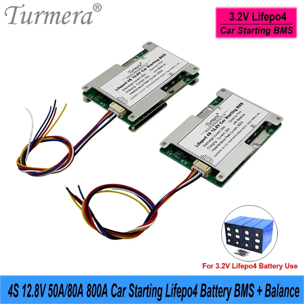 Turmera 4S 12.8V 50A 80A 800A with Balance Lifepo4 Battery BMS Car Starting for 3.2V 100Ah 200Ah 280Ah 320Ah Lifepo4 Battery Use