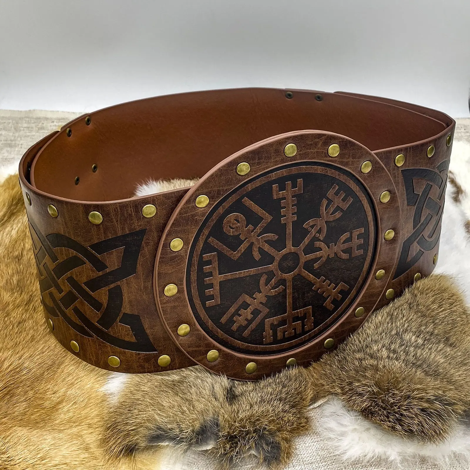 Szeroki skórzany pas w stylu nordyckim wikingów, tłoczony, europejski średniowieczny, vintage, pas do talii, skórzany pas z nitami, akcesoria.