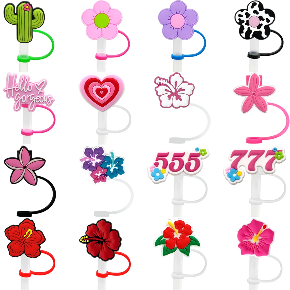 Tampa de palha de silicone com flor, 1/16 peças, para copos de 30 e 40oz, 8mm, topper de palha, coração, cacto, ponta para beber, tampa reutilizável à prova de poeira