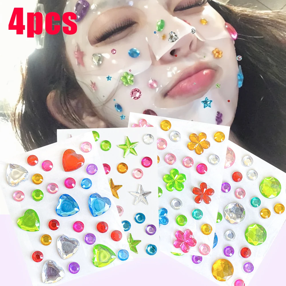 4Pcs Large Size Rainbow Face Gem Stickers Acrylic Rhinestone Heart Star Flower Adhesive Jewel Stickers DIY Makeup Photo Decor