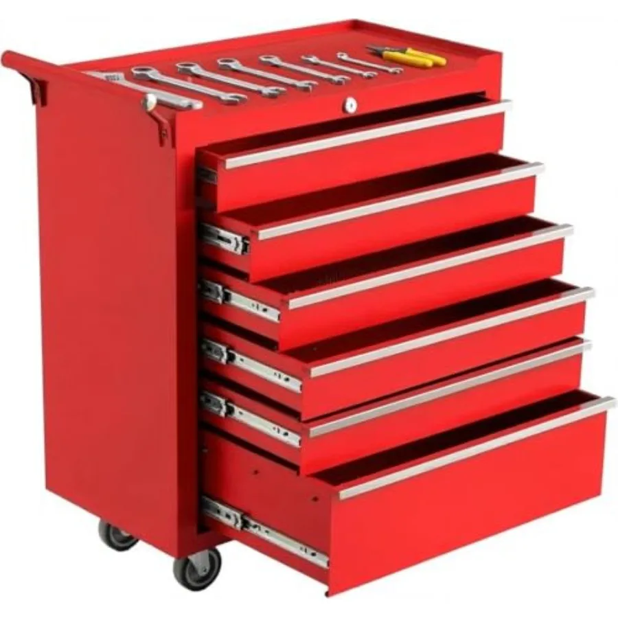 6-Drawer Rolling Tool Chest for workshop, repair shop, warehouse: steel construction, black finish, heavy-duty casters and keye