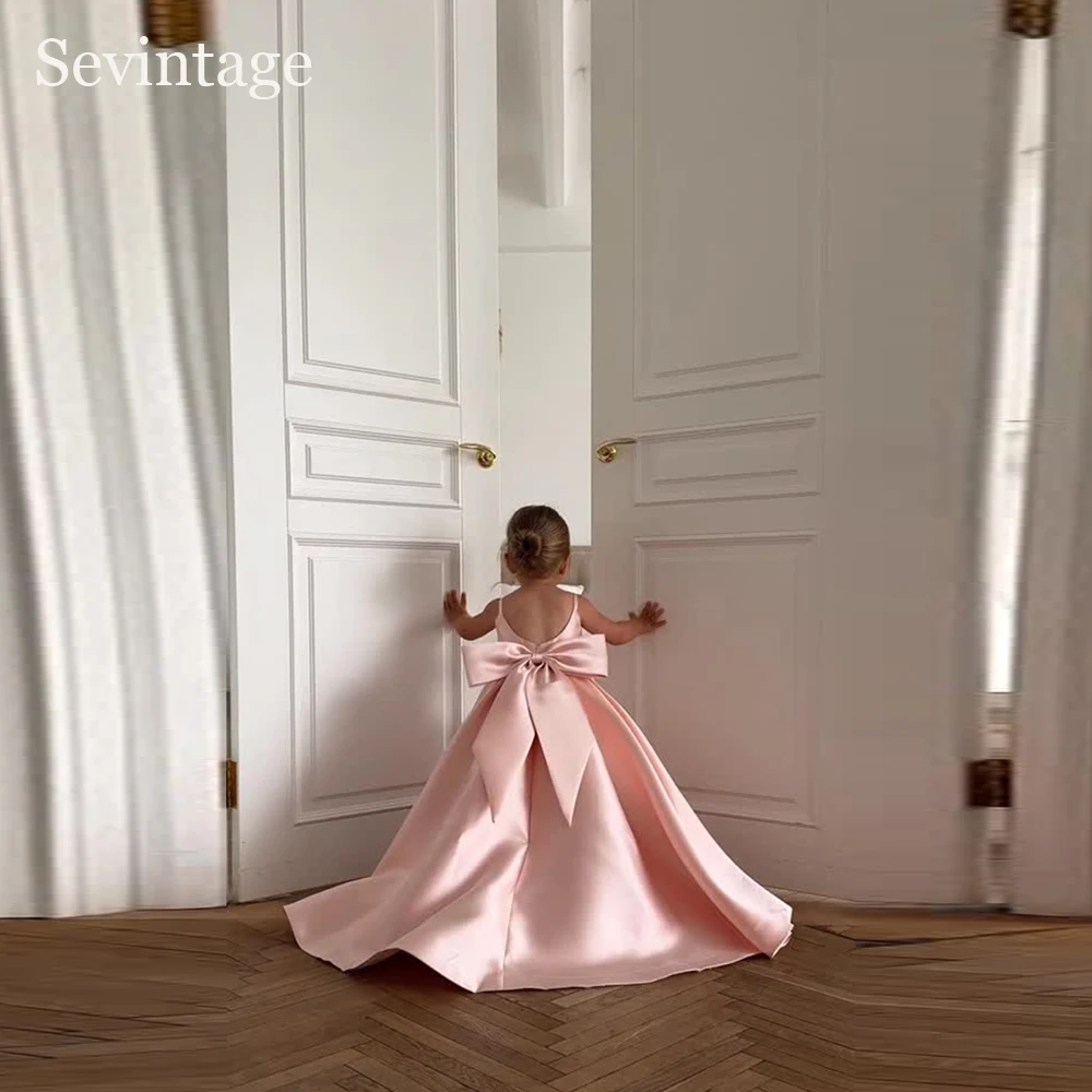 Sevintage lindo Rosa bebé vestidos de flores arco espalda cumpleaños chico vestido de fiesta vestidos de boda para niños ropa de niña 2026 personalizado