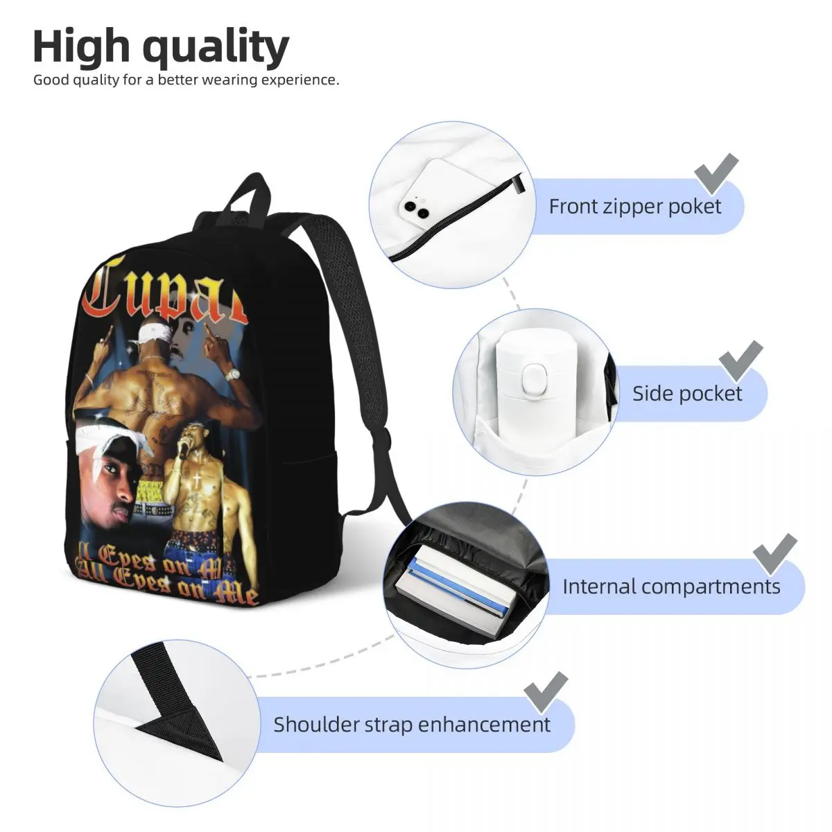 Tupac-Sac à Dos pour Homme et Femme, Années 90, pour Lycée, Randonnée, Voyage, pour Adolescent