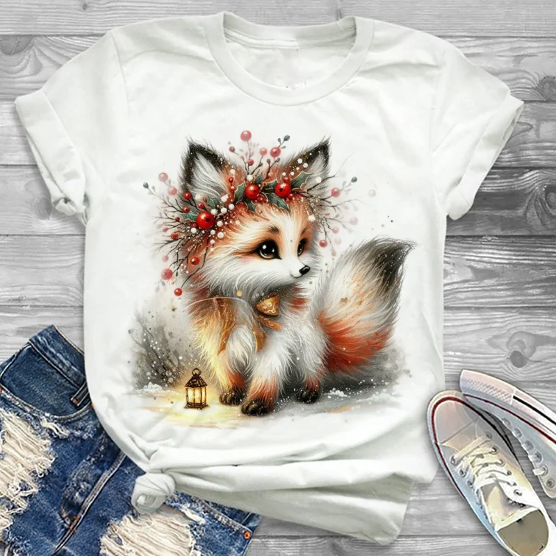 Casual Print Christmas Fox Snow Pattern Popular T-Shirt Cute Clothing White Top Cartoon Style Women's New Year Holiday T-Shirt