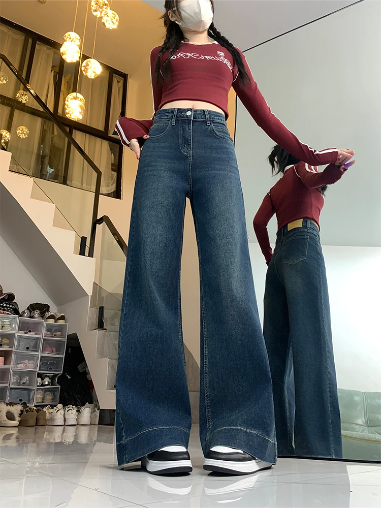 กางเกงยีนส์ทรงบานสีน้ำเงินสไตล์เรโทรสำหรับผู้หญิง ทรงหลวม เอวสูง ไม่ต้องใส่เลกกิ้งเข้าชุด ช่วยให้ดูผอม ไซส์ใหญ่ ยาวคลุมเท้า สไตล์ลำลอง
