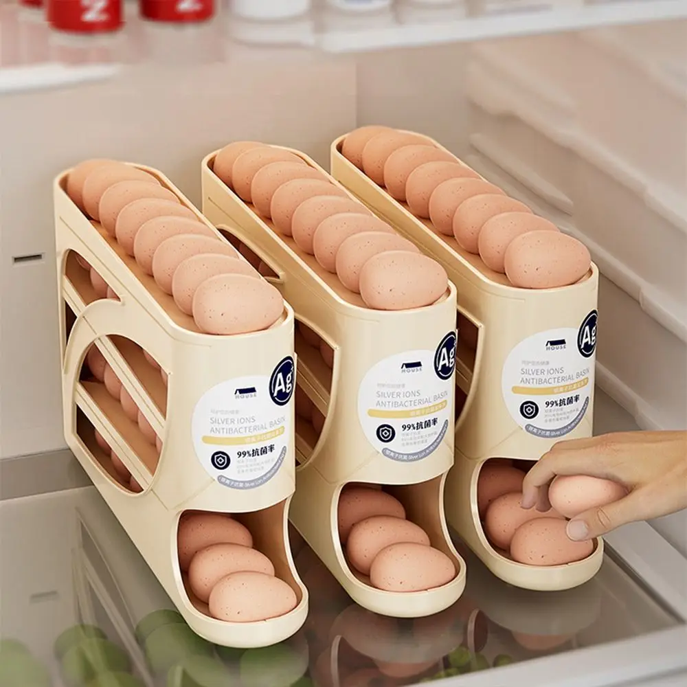 

Plastic Automatic Egg Roller Space Saving Four Tier Refrigerator Egg Storage Box Large Capacity Egg Roller Rack