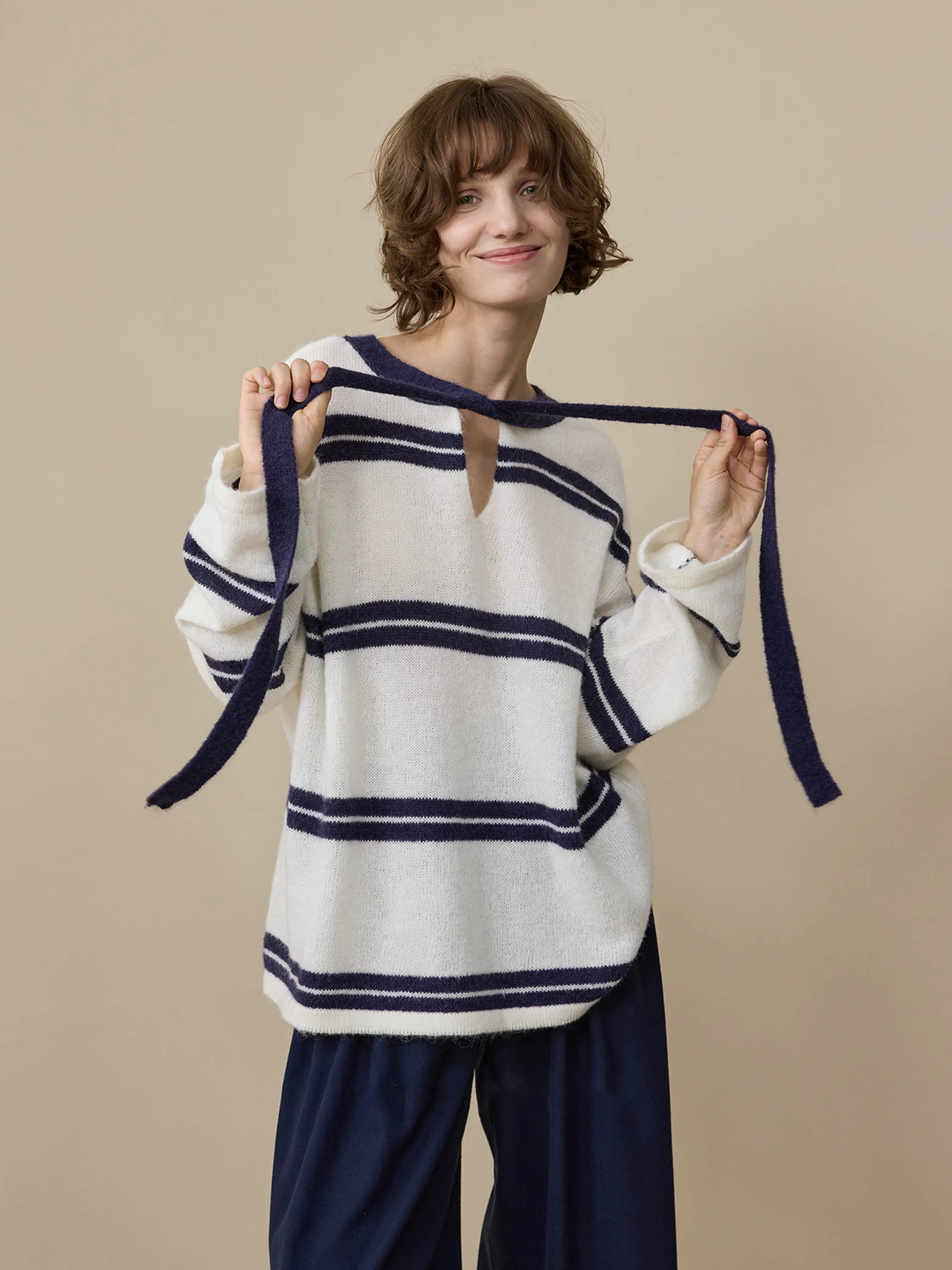 

Early Autumn Color Block Stripe Cashmere Women's round Neck Draped Knitwear Outerwear Casual Style Long Sleeve Soft Nylon