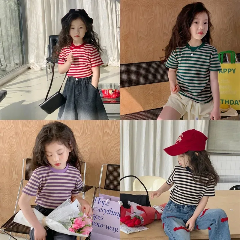 

2024Summer New Girls' Western StyleTT-shirt Top Children's Baby Girls' All-Matching Striped Cotton Short-Sleeved Bottoming Shirt