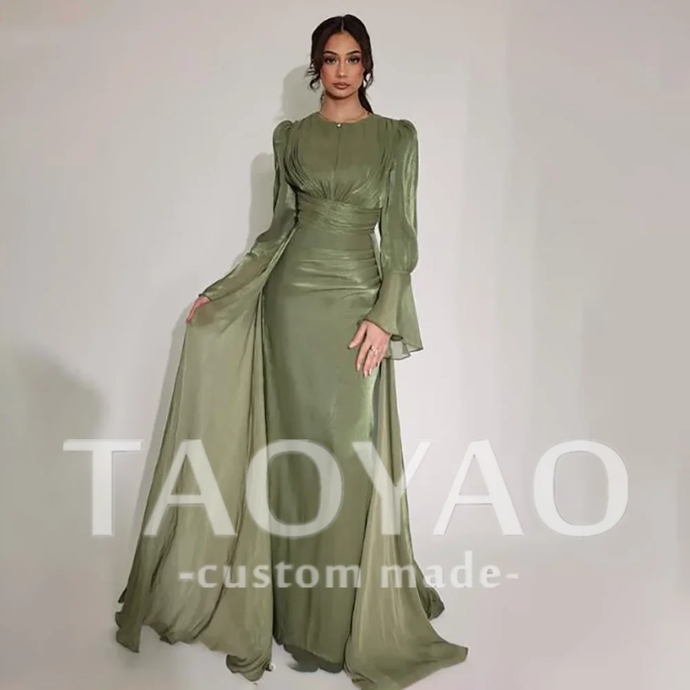 

Modest Green Mermaid Evening Dress Pleats Puff Long Sleeves Floor Length Prom Dresses Ruched Arabia Party Gowns Customized
