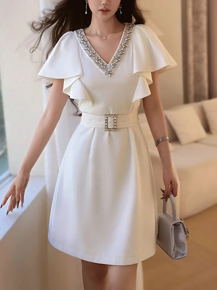 DABUWAWA Tienda Vestidos Elegantes Para Mujeres Diamonds V Neck Dresses For Women Butterfly Sleeve Belt Skirt Y2K DA1BDR140