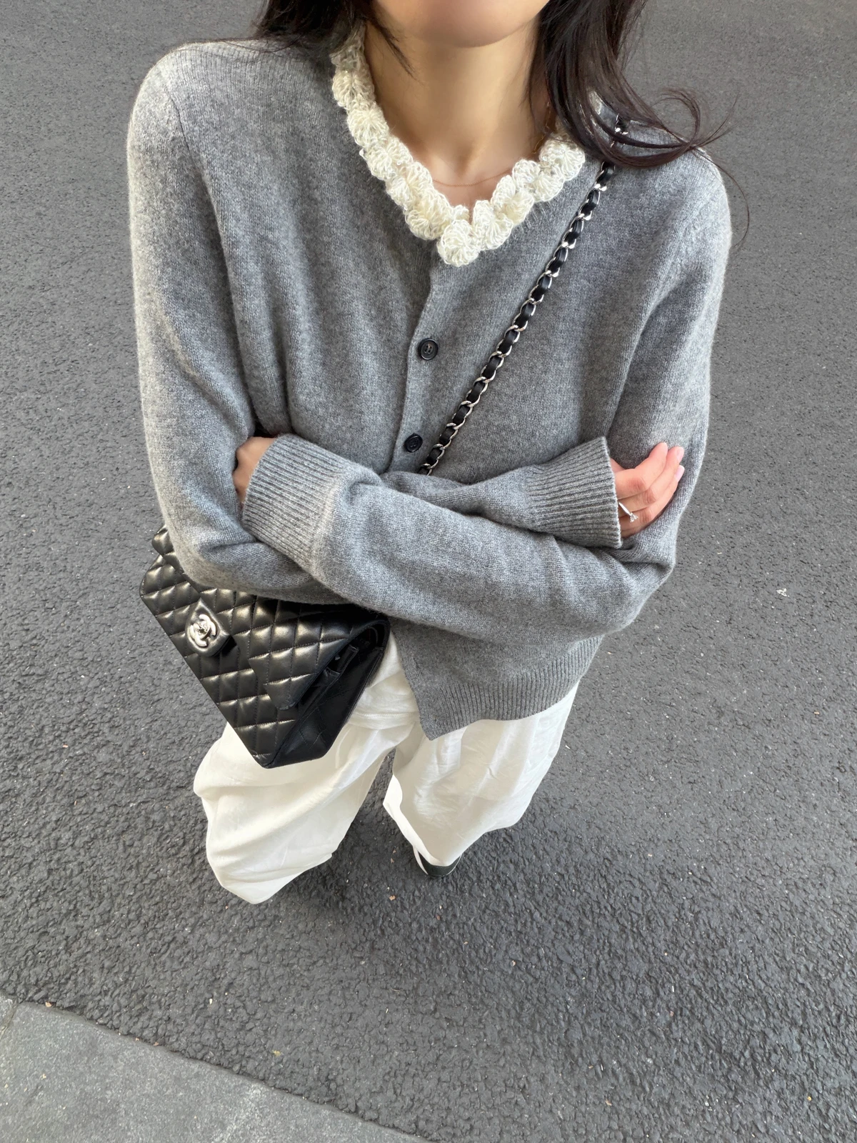 

TZCO 26S Hand Knitted ey Camere Open Cardigan Super Soft Long Sve Women's Knitted Sweater with Flower Crochet Detail