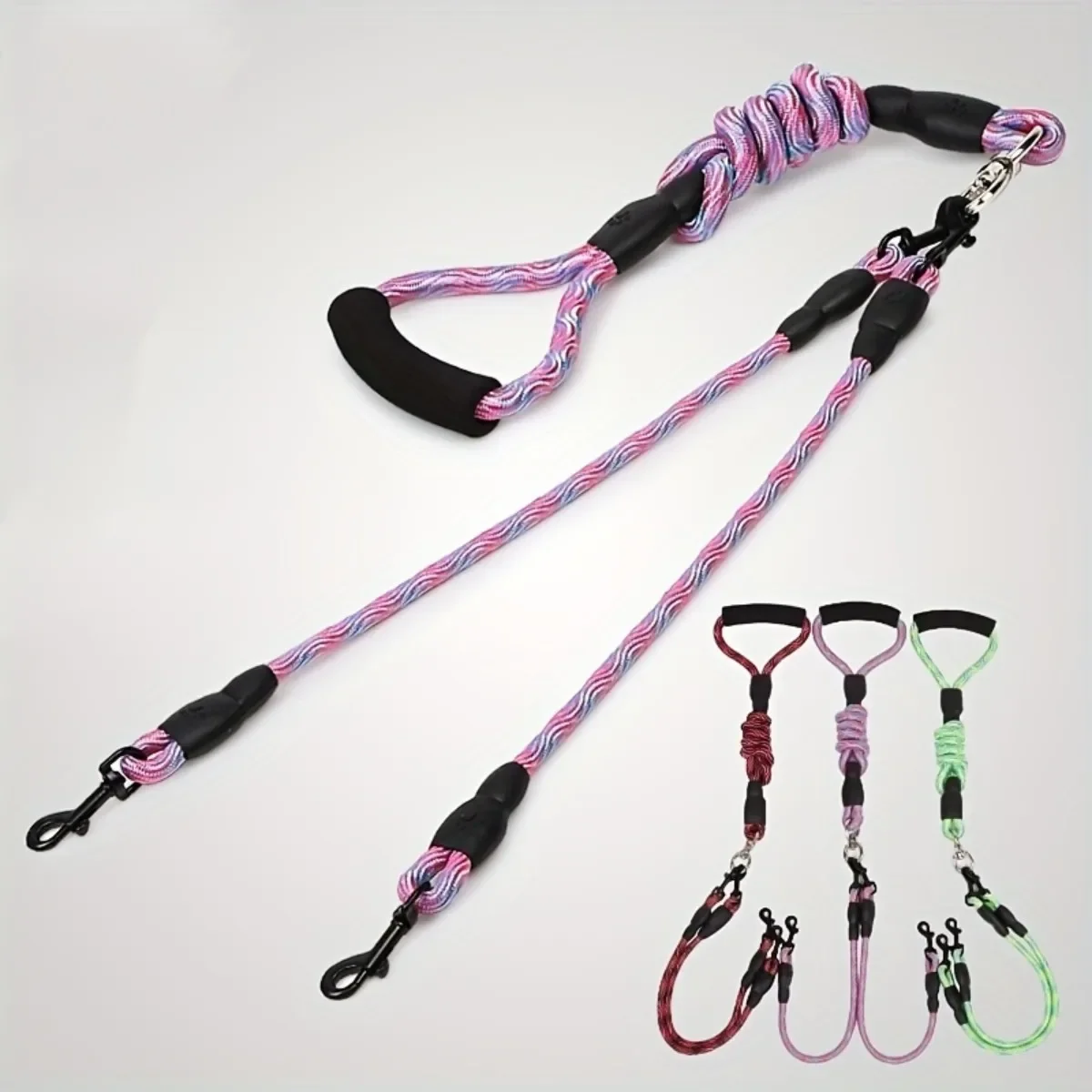 

Pet dual head dog walking rope with wavy pattern, one drag two traction rope, anti winding and detachable