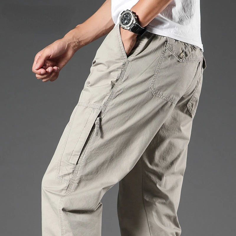 100% Pure Cotton Casual Pants for Men High Waist Loose Cargo Trousers Outdoor Multi-Pocket Straight Joggers Male Cargo Pants