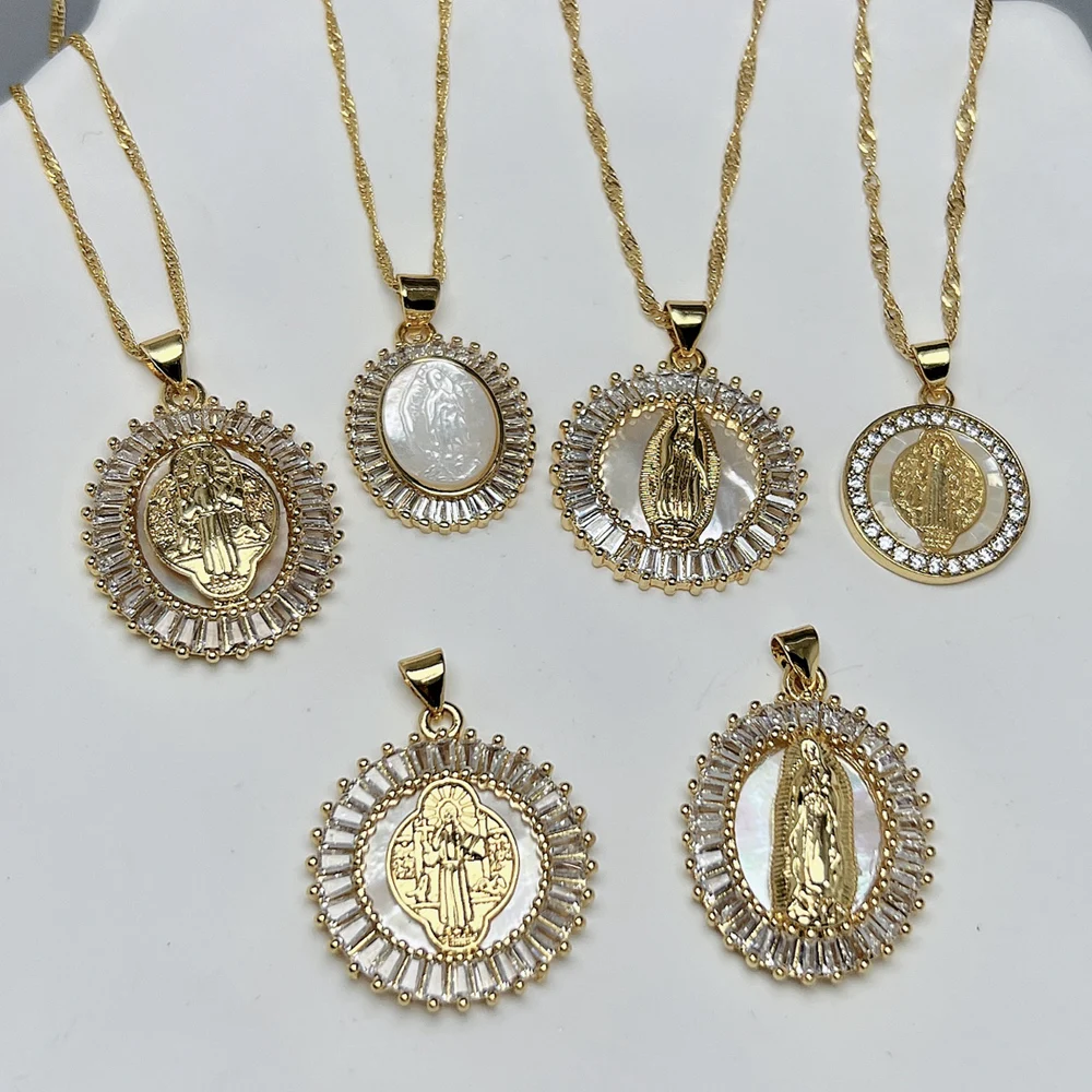 

Religious Guadalupe Virgin Jesus Necklace Women Metal Zircon Natural Sea Shell Pendant Neck For Female Holy Jewelry