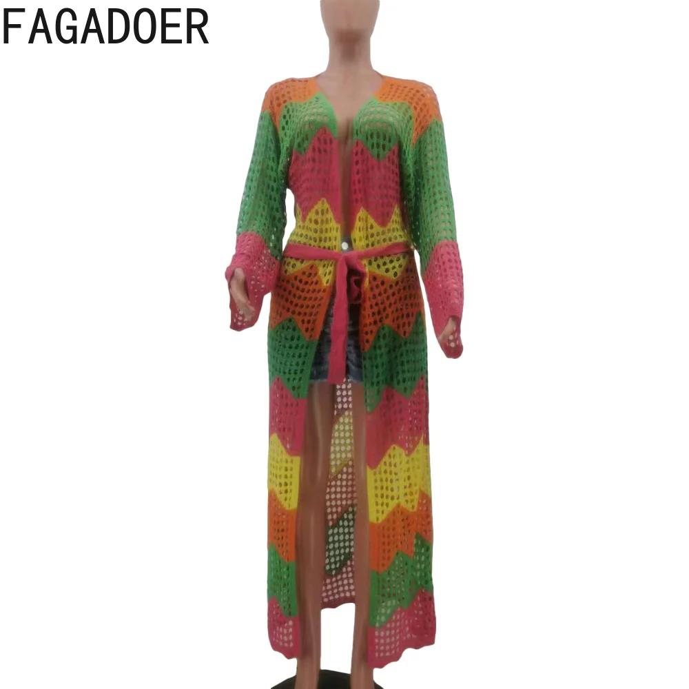 FAGADOER Hollow Knit Summer Cardigans Boho Style Beach Cover Ups with Belt Women Crochet Open Stitch Full Sleeve Long Robe Tunic