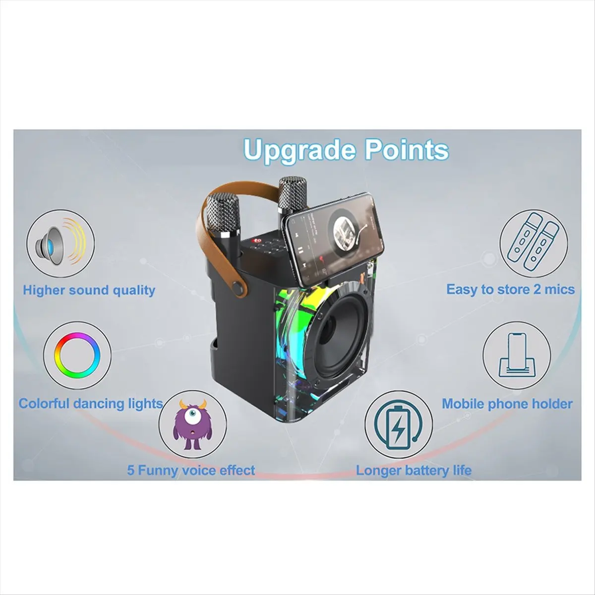 BUY NOWHigh Power Karaoke Bluetooth Speaker Music Rhythm Light Stereo Surround Wireless Subwoofer with Dual Microphone White