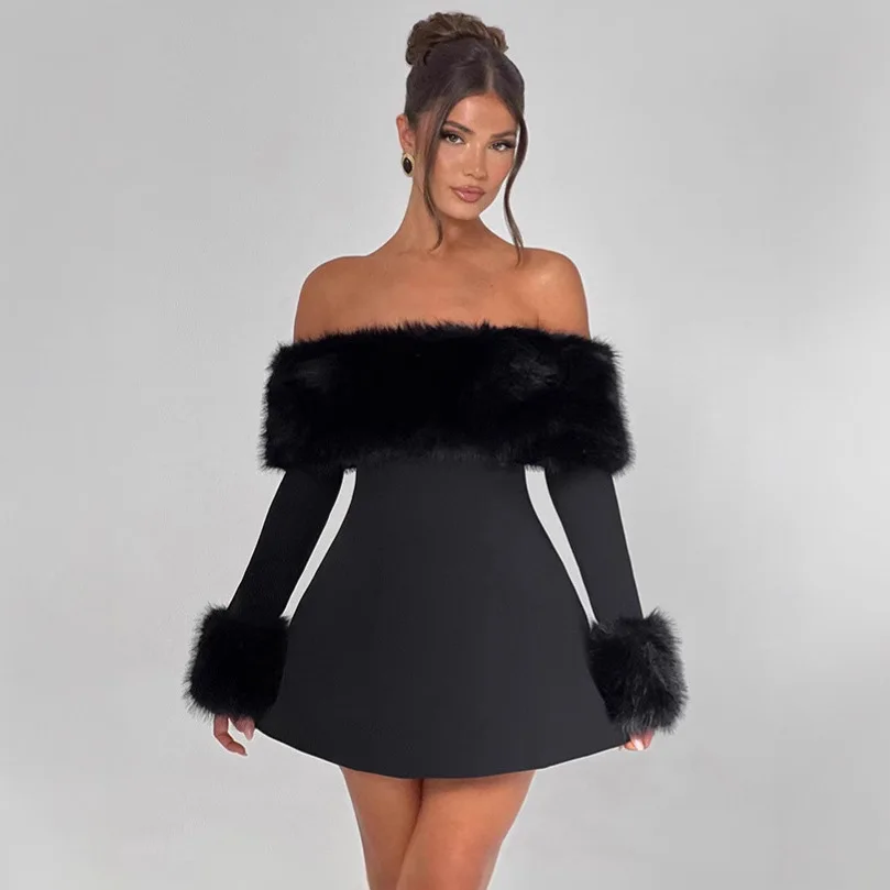

Faionable Sexy High Waist A-Line Dr with Fur Collar Slim Fit One oulder Design Cross-Border Autumn Winter New Arrival