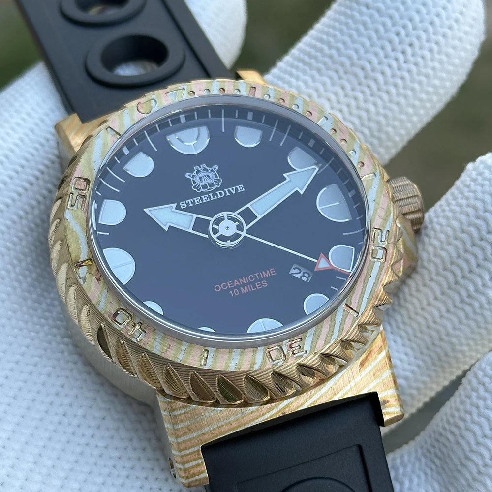 STEELDIVE Men Automatic Watch 46.5mm Timascus Case Mechanical Wristwatch Deep Diving 1000ATM Waterproof Luminous Sapphire NH35
