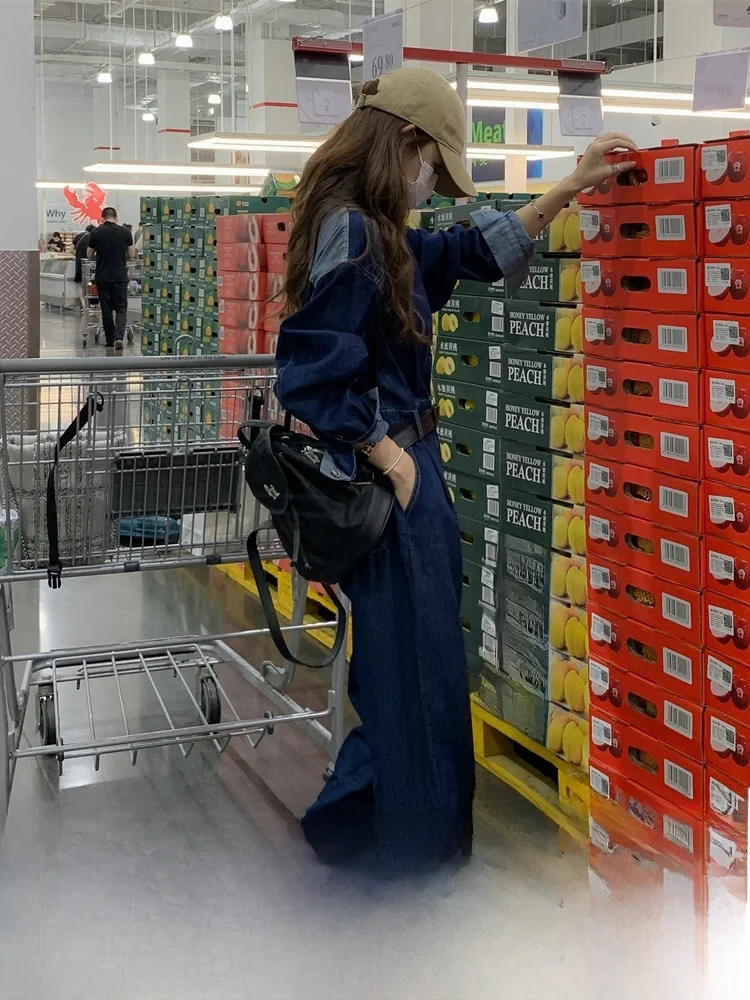 Lusam Tuta di jeans a gamba larga a vita alta da donna Primavera Autunno Nuovo Sle Hong Kong Sle Abito intero dimagrante fino al pavimento