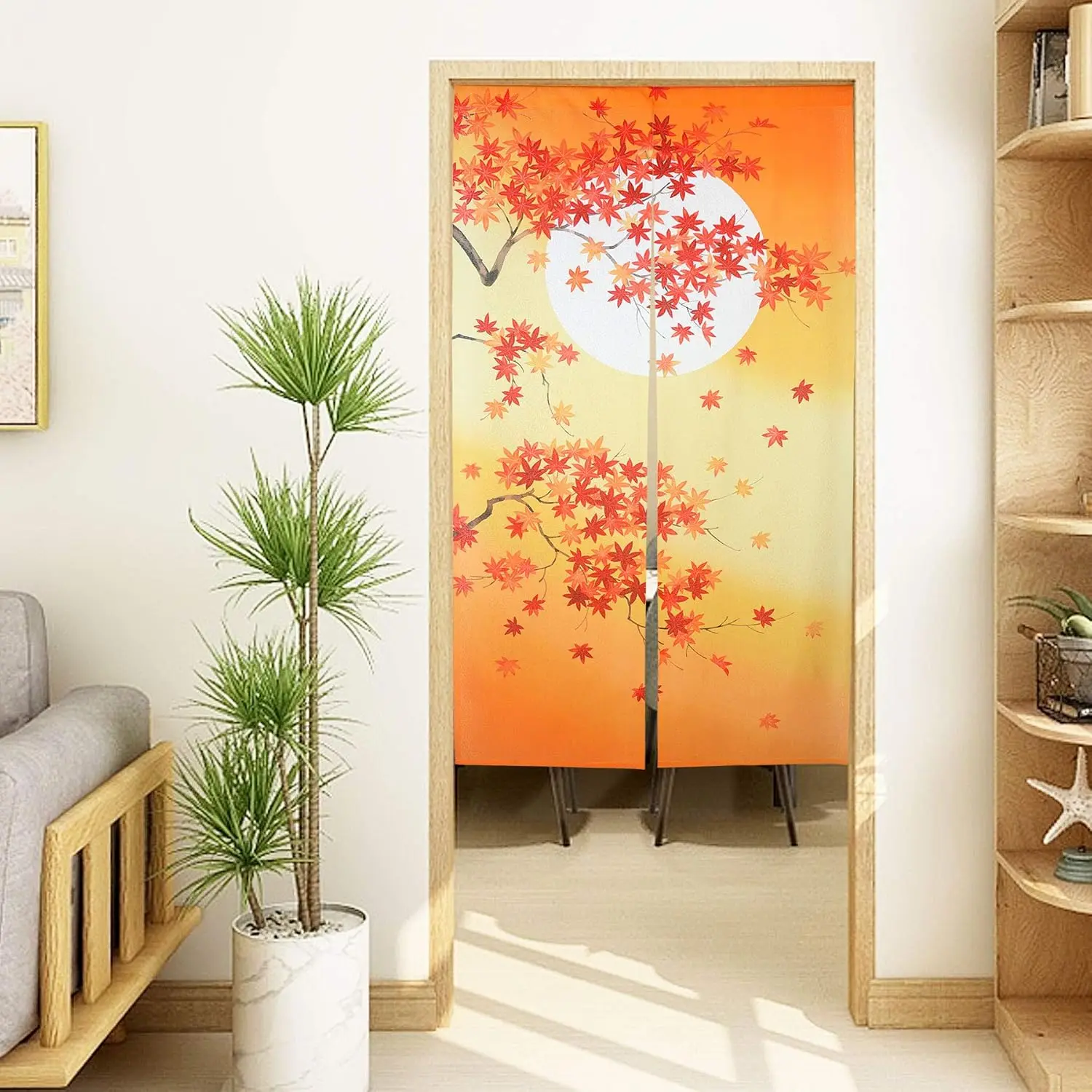 Elegant Maple & Moon Noren Curtain, Watercolor Style Red Maple Leaf Print, Rod Pocket Door Curtain for Home Cafe Seasonal Decor