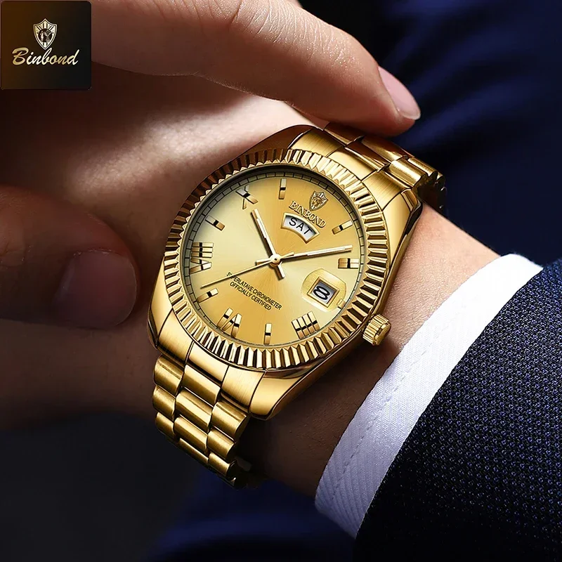 BINBOND นาฬิกาสุดหรูสําหรับชายกันน้ําส่องสว่างวันที่สัปดาห์สแตนเลสผู้ชายนาฬิกาข้อมือ Casual ควอตซ์นาฬิกาผู้ชายชายนาฬิกา