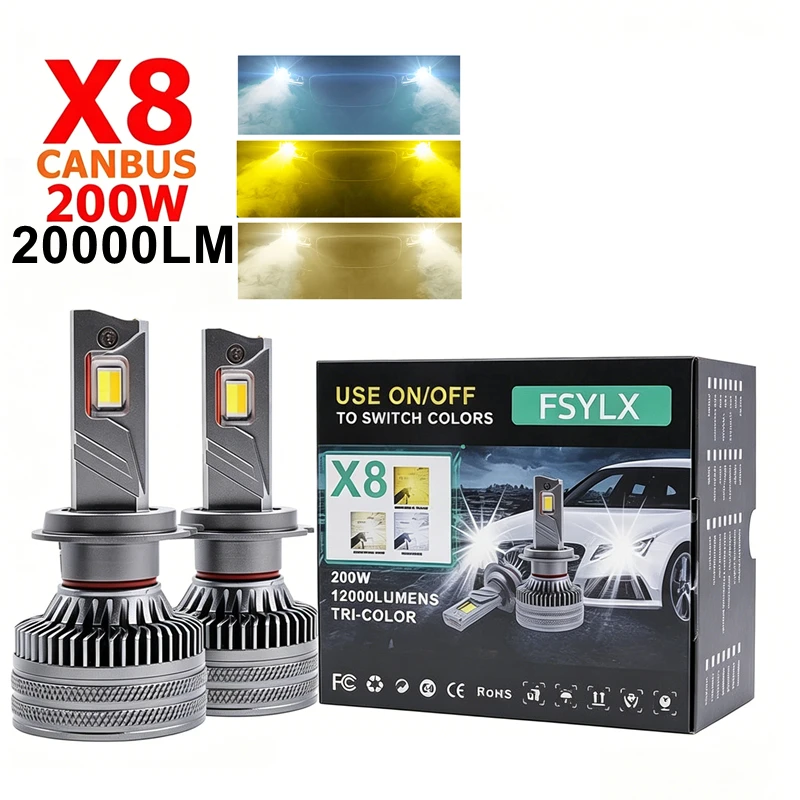 

200W 20000LM X8 3color led H7 H4 H8 H9 H11 9005 Car LED Headlights Bulb H11 Fog Light Car LED Headlamp