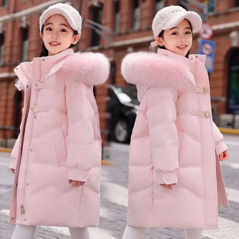 New 4-12 Years Fashion Winter Teenger Girls Jacket Hight Quality Heavy Keep Warm Large Fur Collar Hooded Coat For Kids