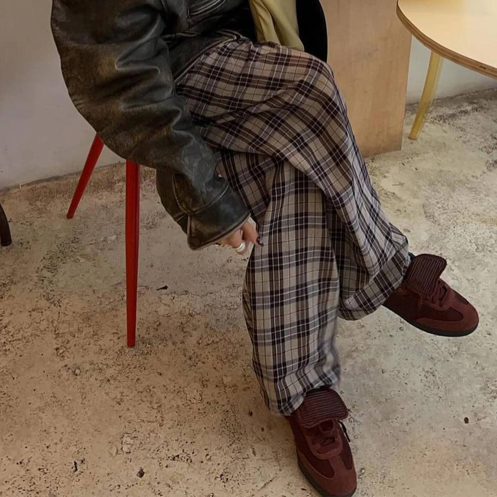 Women Plaid Print Casual Trousers Streetwear Outfits Aesthetic Comfy Elastic Waist Button Straight Pants Lounge Female Long Pant