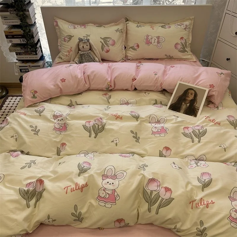 Fashion Style Pink Black Bedding Set Soft Floral Duvet Cover Pillowcase Bed Flat Sheet Set for Girl Full Queen Twin Bed Linen